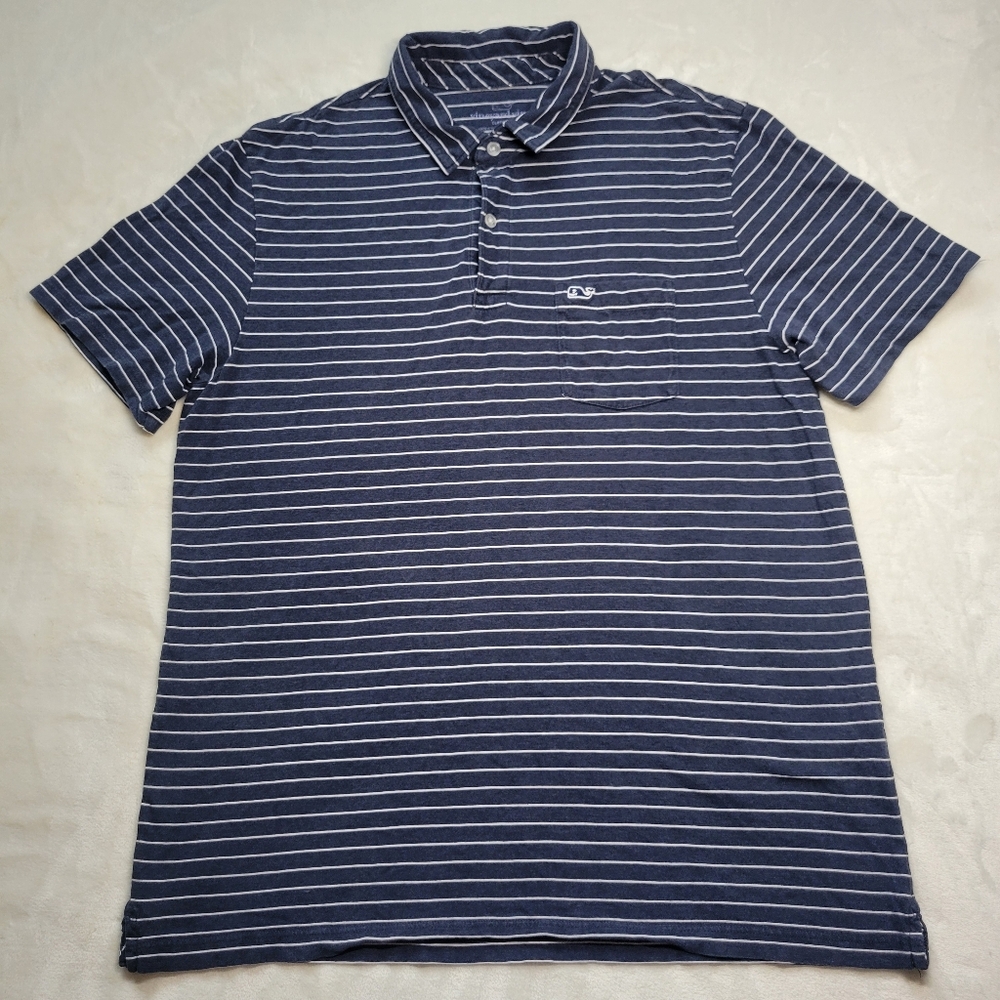 Vineyard Vines Polo Shirt Mens Medium Black White Striped Short Sleeve Golf